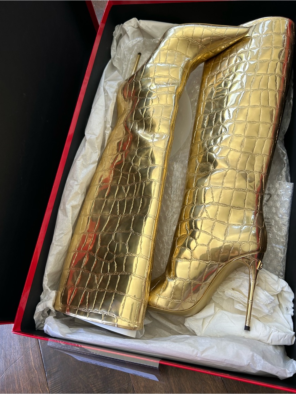 Dolce & Gabbana Gold Croc-Embossed Stiletto Knee Boots